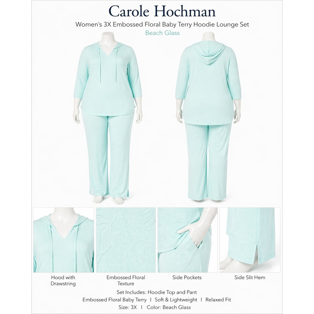 Carole Hochman Womens 3X Beach Blue Embossed Floral Baby Terry Hoodie Lounge Set